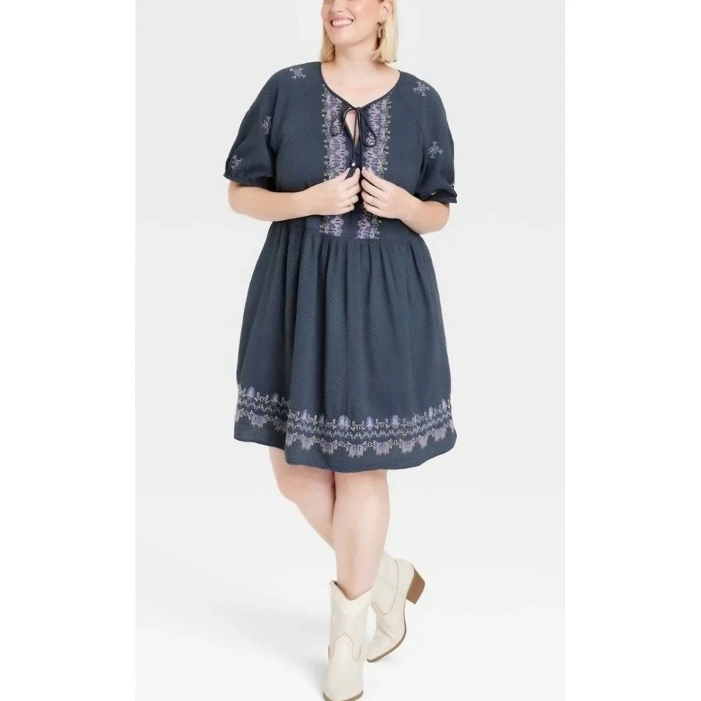Knox Rose Women's Blue Embroidered Tassel Tie Long Sleeve Dress M Pockets - Picture 4 of 8